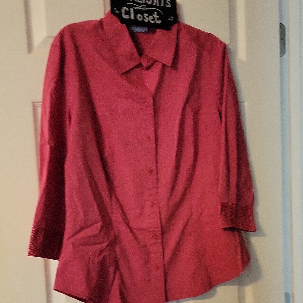New York & Company XL Red White Striped Tailored Button Up Blouse